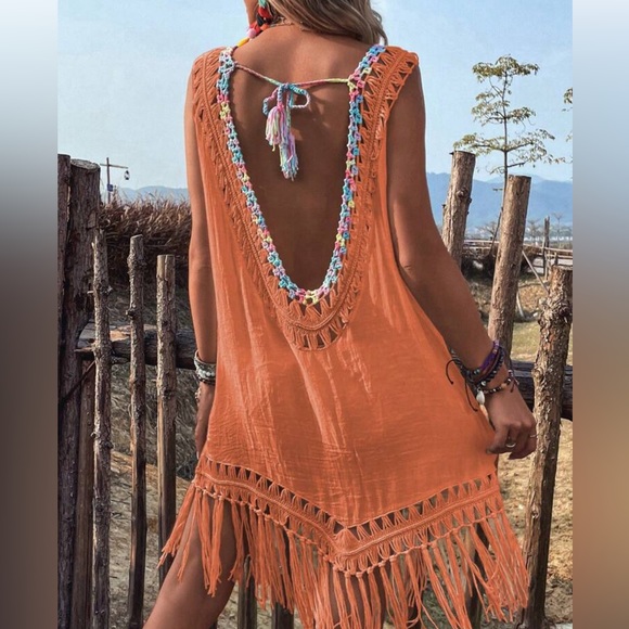 Fringe Hem Tie Backless Crochet Panel Cover Up - Picture 4 of 4